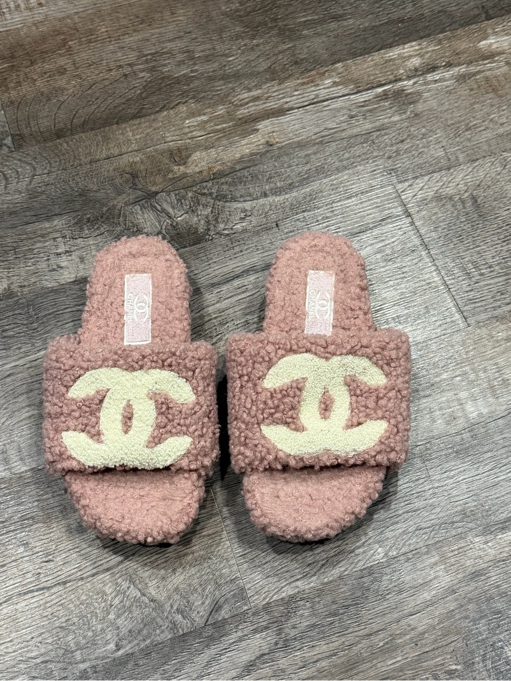 Pink Teddy Shearling Slides with Cream Logo